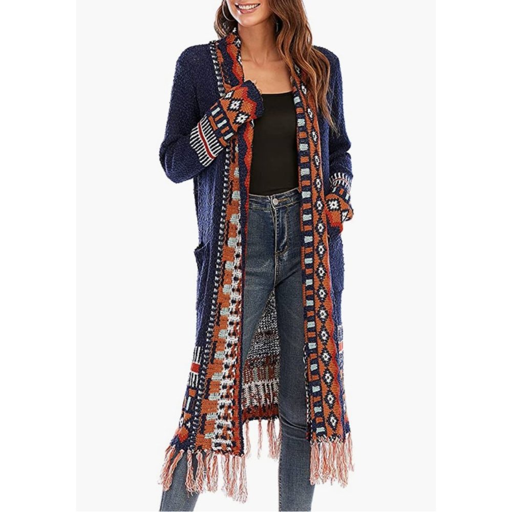 Navy Blue Multicolor Aztec Tribal Print Knit Long Cardigan Duster Kimono Sweater - Picture 4 of 8